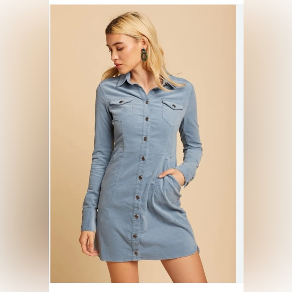 Free People Soft Blue Corduroy Mini Dress Size S